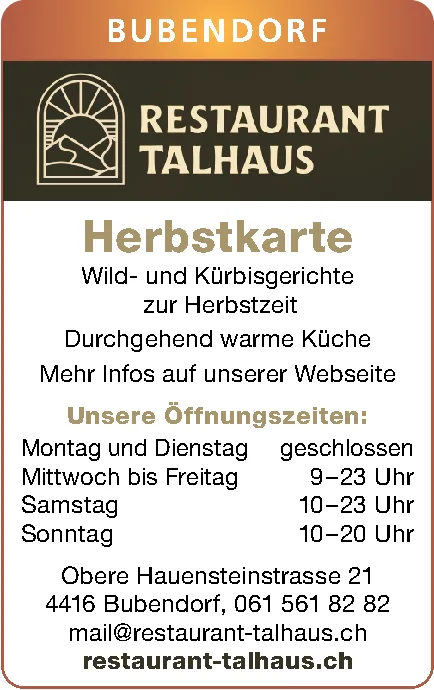 Logo des Restaurant Talhaus mit Angaben zur Herbstkarte und den Öffnungszeiten.