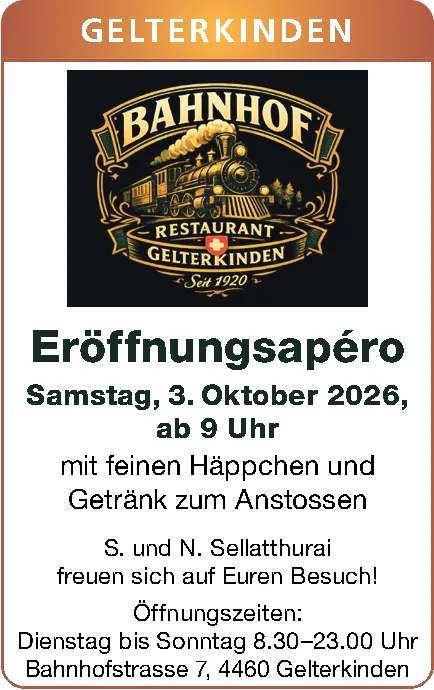 Logo des Restaurants Bahnhof Gelterkinden mit einer Dampflokomotive, darunter Text zum Eröffnungsapéro