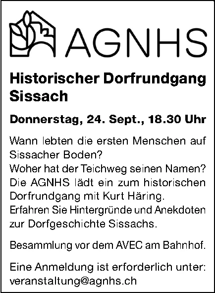 Textinserat mit dem Logo der AGNHS und Angaben zum Dorfrundgang in Sissach.