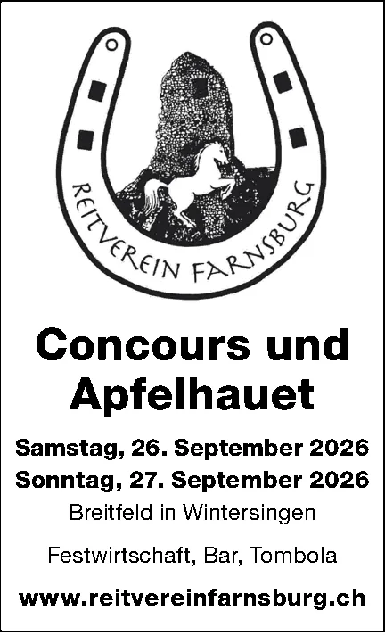 Logo des Reitvereins Farnsburg mit Hufeisen, Turm und Pferd sowie Angaben zu Concours und Apfelhauet