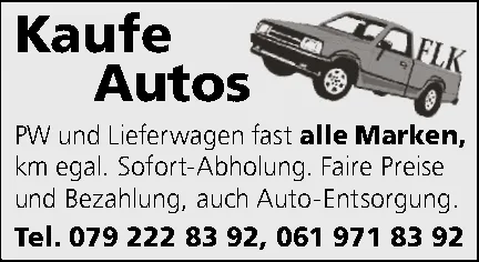 Illustration eines Pickup-Trucks mit dem Logo FLK und Text zum Ankauf von Autos