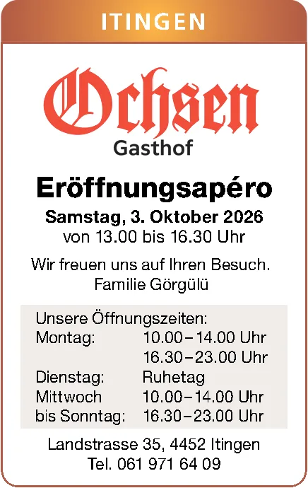 Logo Gasthof Ochsen mit Einladung zum Eröffnungsapéro und Öffnungszeiten