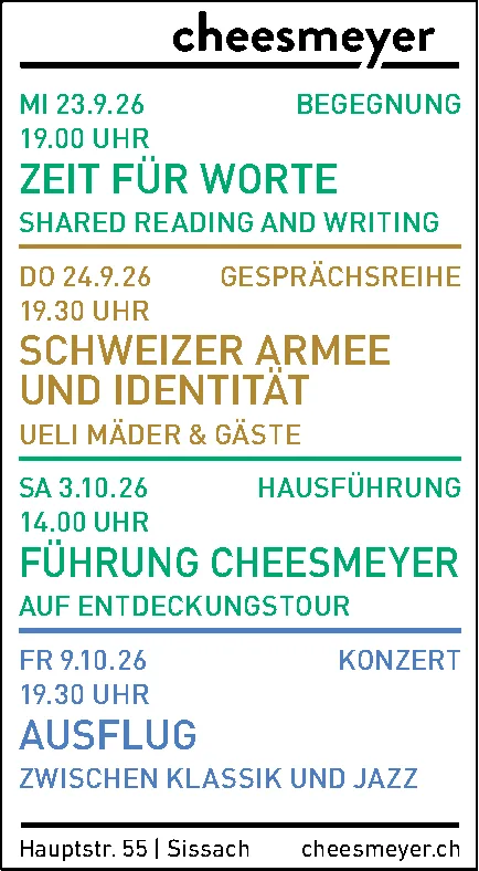 Programmübersicht des Cheesmeyer mit vier farbig unterlegten Veranstaltungsterminen und Titeln
