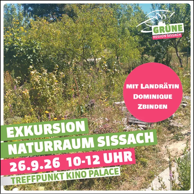 Blühende Wildwiese mit Bäumen und Sträuchern, dazu Textbanner zur Exkursion und Logo von Grüne Region Sissach.
