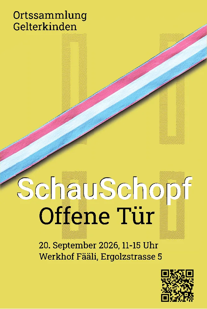 Ein diagonales Band in den Farben Pink, Weiss und Blau auf gelbem Hintergrund mit Text zur Veranstaltung.