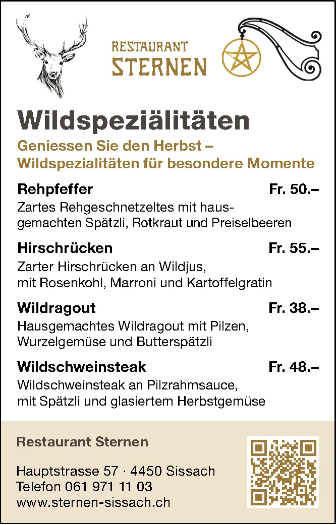 Ein Hirschkopf, das Logo Restaurant Sternen und eine Speisekarte mit Wildgerichten und Preisen
