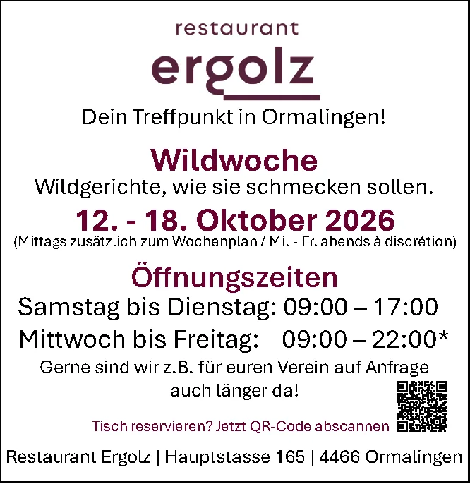 Ankündigung der Wildwoche im Restaurant Ergolz mit Öffnungszeiten und QR-Code zur Reservation