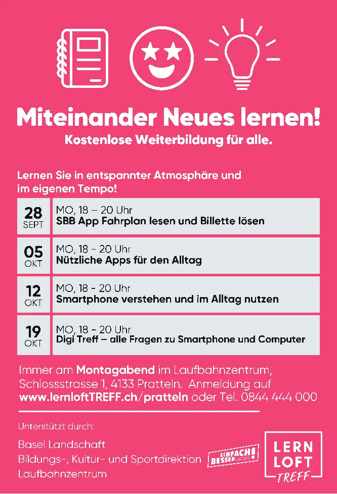 Textinserat in Pink mit Symbolen für Notizbuch, lachendes Gesicht und Glühbirne sowie einer Kurstabelle