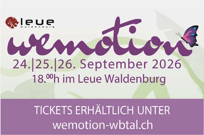 Werbetext «wemotion» in lila Schreibschrift mit einem bunten Schmetterling und dem Logo des Leue Waldenburg.