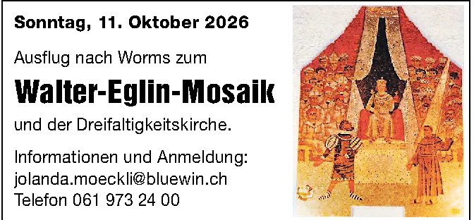 Buntes Mosaik mit thronender Figur, Wachen und Menschenmenge im Hintergrund.