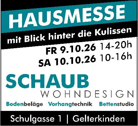 Textinserat in Türkis und Schwarz für die Hausmesse von Schaub Wohndesign mit Datum und Adresse