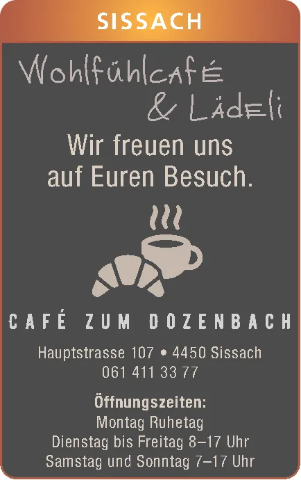 Zeichnung eines Kaffeebechers und Croissants mit aufsteigendem Dampf über dem Text zum Café.