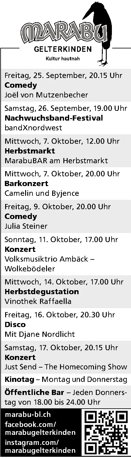 Veranstaltungsliste des Kulturlokals Marabu mit Logo eines Vogels und QR-Code