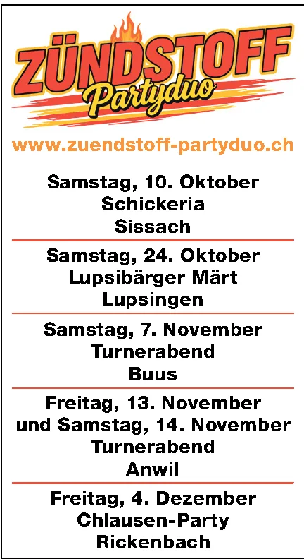 Flammendes Logo "Zündstoff Partyduo" mit einer Liste von Auftrittsterminen und Orten.