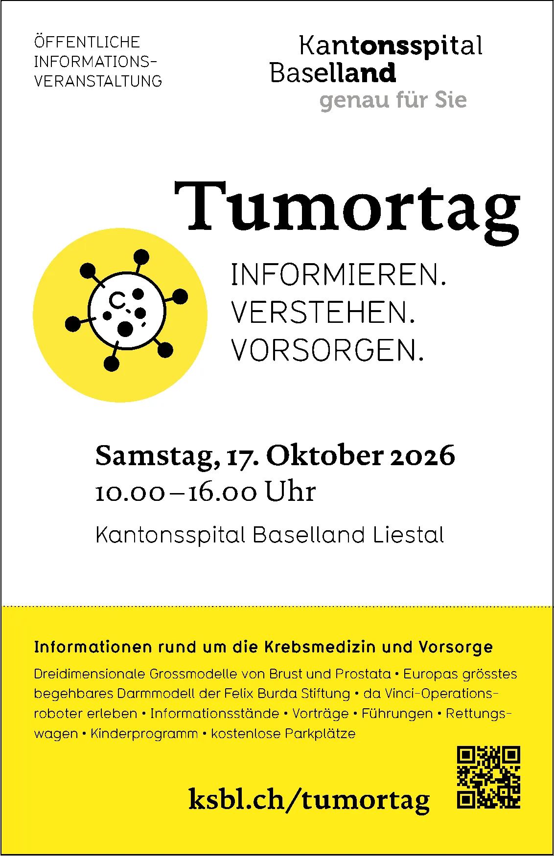 Gelbes Kreisbild einer Krebszelle neben dem Titel „Tumortag“ und Informationen zur Veranstaltung des Kantonsspitals Baselland