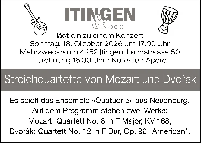 Textinserat mit Gitarre und Trommel als Zeichnungen, das zu einem Konzert einlädt.