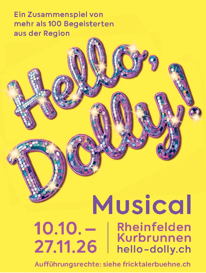 Glitzernder Schriftzug «Hello, Dolly!» in Mosaikoptik auf gelbem Hintergrund mit Musical-Angaben