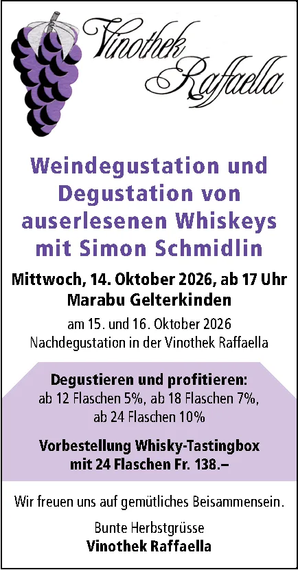 Trauben-Logo der Vinothek Raffaella über Text zu einer Wein- und Whiskeydegustation