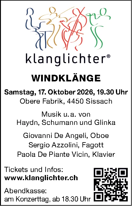Logo mit stilisierten Musikern und Text zum Konzert Windklänge mit QR-Code für Tickets