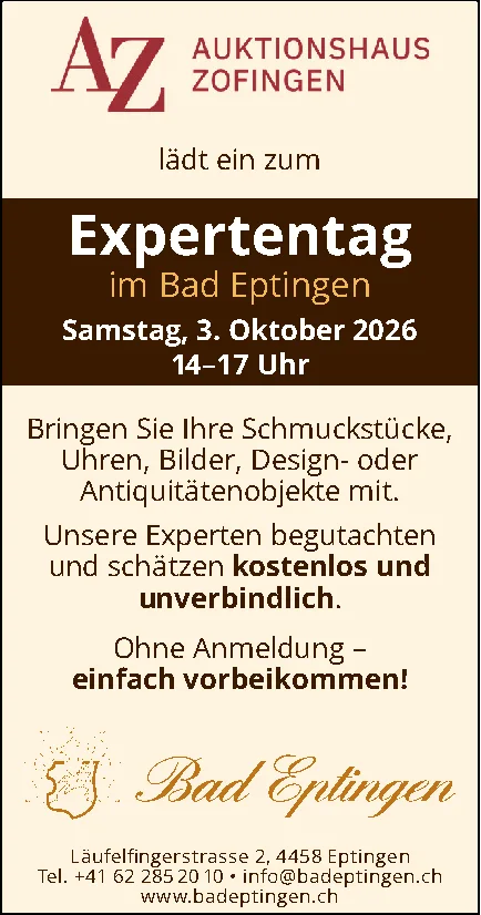 Ankündigung eines Expertentags mit Wappen von Bad Eptingen und Logo des Auktionshauses Zofingen.