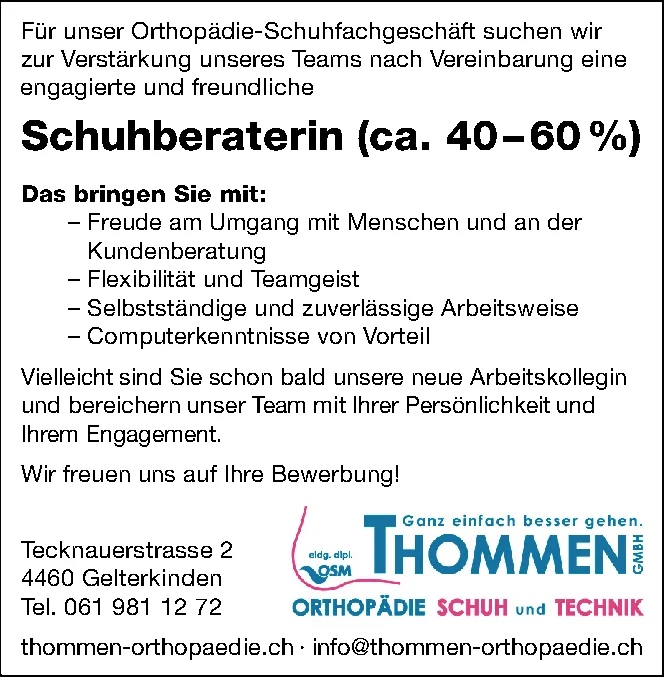 Textinserat mit Logo von Thommen GmbH, Orthopädie Schuh und Technik, sucht eine Schuhberaterin.