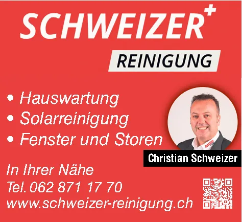 Werbung für Schweizer Reinigung mit Foto von Christian Schweizer und einem QR-Code