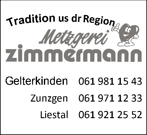 Logo der Metzgerei Zimmermann mit einer comichaften Herzfigur und dem Spruch «Tradition us dr Region»