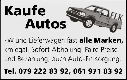 Zeichnung eines Pickup-Fahrzeugs neben dem Text "Kaufe Autos"