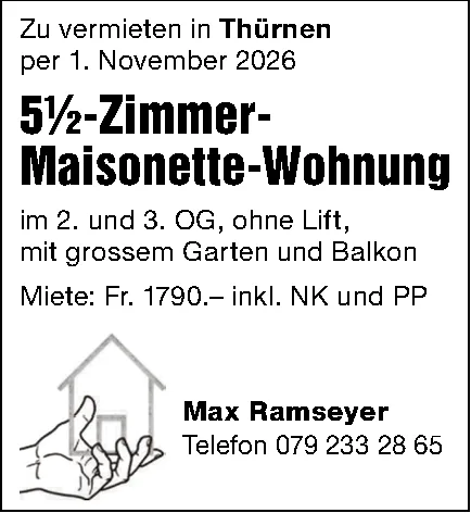 Zeichnung einer Hand, die ein Haus hält, neben Text zur Vermietung einer Wohnung