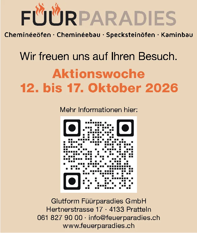 Logo Füürparadies mit Flammen, Text zu einer Aktionswoche und ein QR-Code.