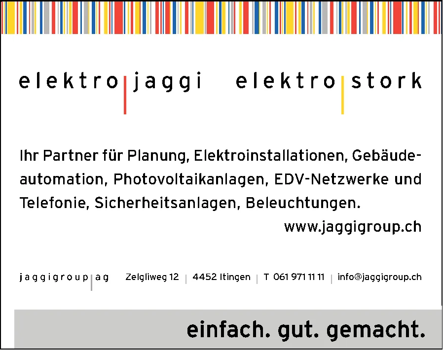 Firmenlogo elektro jaggi und elektro stork mit Werbetext für Elektroinstallationen und Kontaktangaben