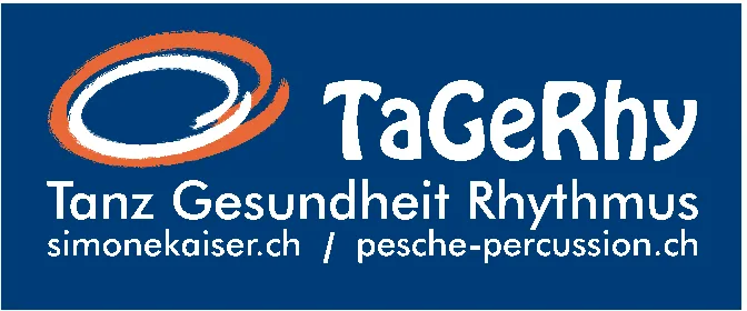 Blaues Logo mit oranger Spirale und dem Schriftzug TaGeRhy - Tanz Gesundheit Rhythmus