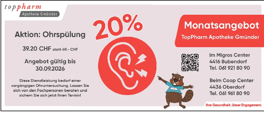 Werbegrafik mit rotem Ohr-Symbol, 20%-Schriftzug und einem Biber-Maskottchen der TopPharm Apotheke