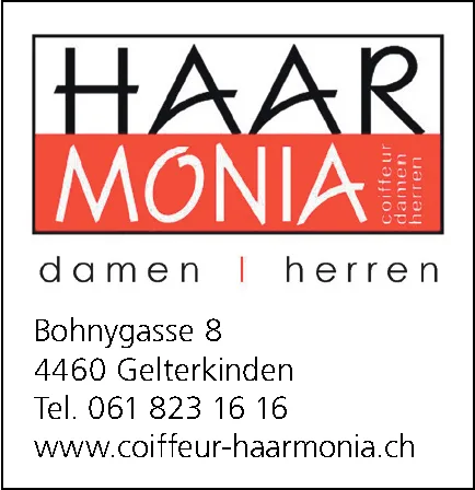 Logo Haarmonia mit dem Schriftzug damen und herren sowie Kontaktangaben eines Coiffeurgeschäfts