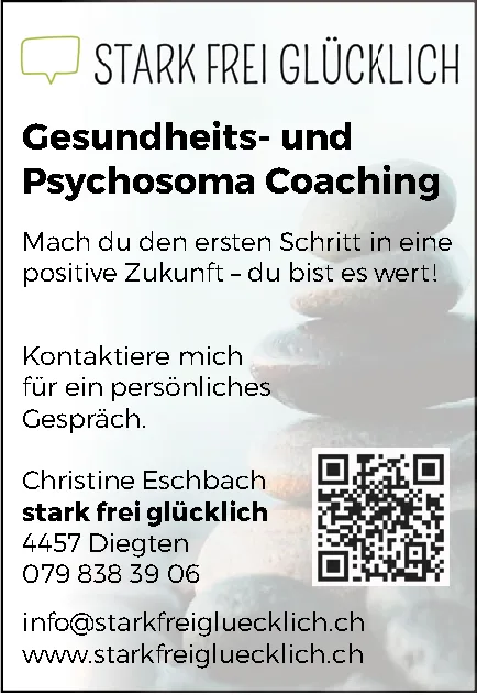 Ein Stapel glatter runder Steine vor hellem Hintergrund neben einem QR-Code.