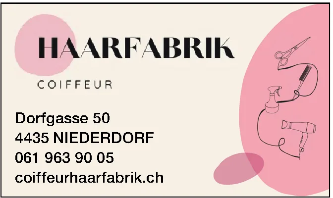 Logo Haarfabrik Coiffeur mit gezeichneter Schere, Kamm, Sprühflasche und Föhn auf rosa Hintergrund