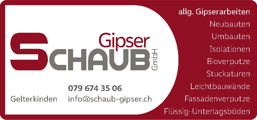 Logo der Gipser Schaub GmbH mit Auflistung von Leistungen wie Neubauten, Umbauten und Fassadenverputze.