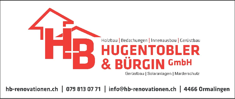 Logo von Hugentobler & Bürgin GmbH mit stilisiertem Hausdach und Firmenangaben zu Holzbau, Bedachungen, Innenausbau und Gerüstbau