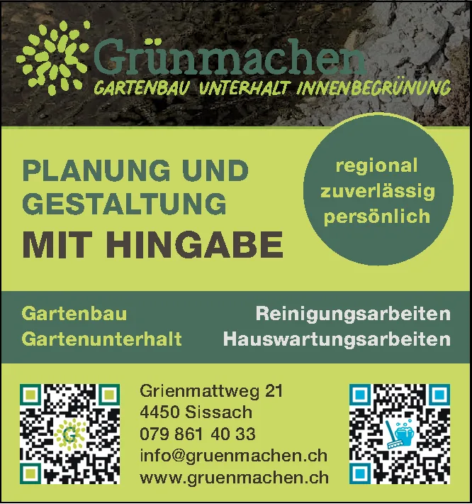 Logo von Grünmachen mit Kreis aus grünen Blättern vor einem Steinhintergrund und zwei QR-Codes