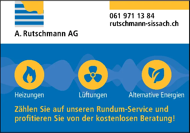 Drei Symbole für Heizungen, Lüftungen und Alternative Energien mit Firmenlogo und Werbetext