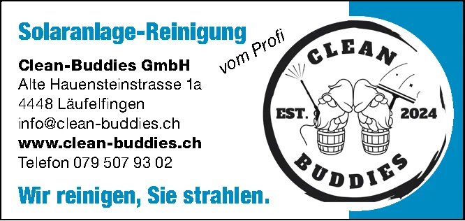 Logo von Clean-Buddies mit zwei Händen, die Putzeimer und Wischer halten, Text zur Solaranlage-Reinigung