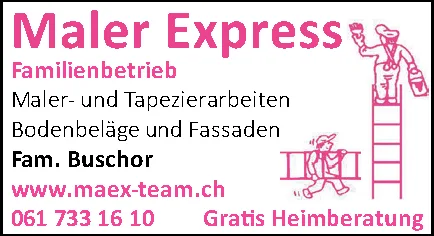 Logo eines Malers auf einer Leiter und einer Person mit Farbeimer, daneben Werbetext für Maler Express