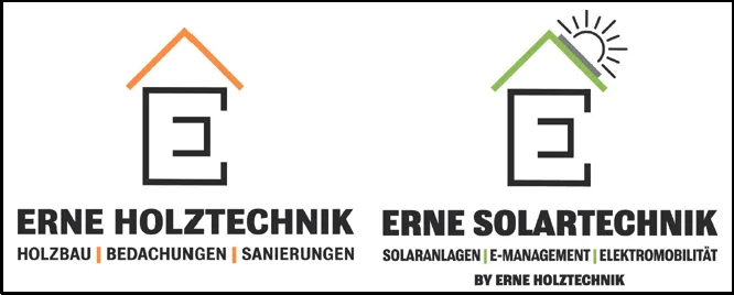Zwei Logos mit stilisiertem Hausdach, links orange «Erne Holztechnik», rechts grün mit Sonne «Erne Solartechnik»