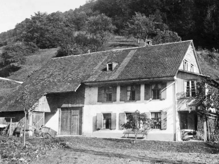 Historische Schwarzweiss-Aufnahme eines Bauernhauses mit Ziegeldach am Waldhang, davor Bänke und Werkzeug.