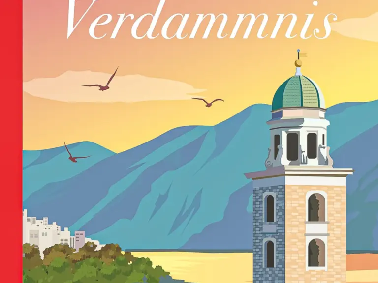 Buchcover mit einem Kirchturm über einer Tessiner Seeuferstadt vor Bergen bei Sonnenuntergang.