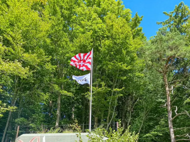 Ein Bunker mit gemaltem Baum, davor Büsche, im Hintergrund Bäume und eine Flagge an einem Mast.