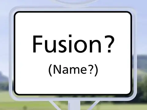 Ortsschild mit der Aufschrift „Fusion?“ und darunter „(Name?)“ vor grüner Landschaft