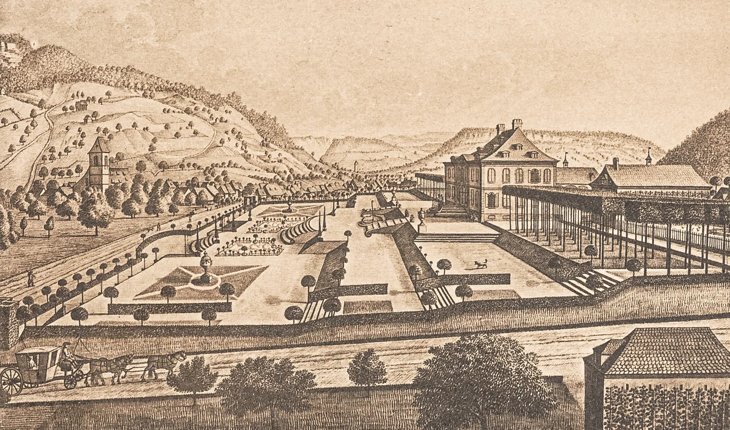 Historischer Stich einer Gartenanlage mit Alleen und einem grossen Gebäude am Talrand, umgeben von Hügeln.