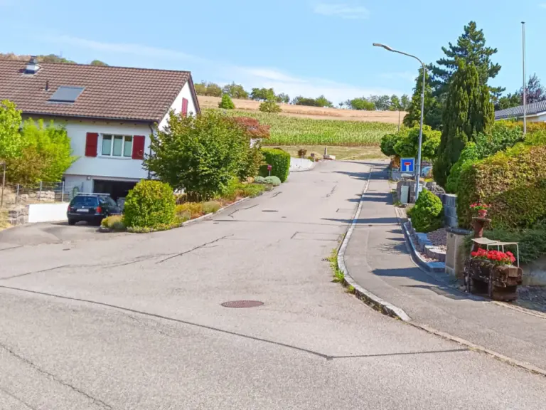 Eine leere Wohnstrasse mit Häusern, Hecken und einem Verkehrsschild führt bergauf zu Feldern.