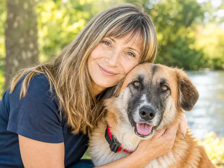 Eine lächelnde Frau umarmt liebevoll einen grossen braunen Hund im Freien an einem Fluss.